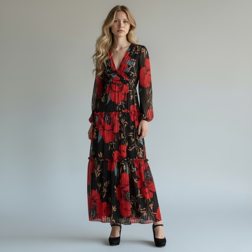 LINI Kristin Tiered Long Sleeve Black & Red Floral Maxi Dress